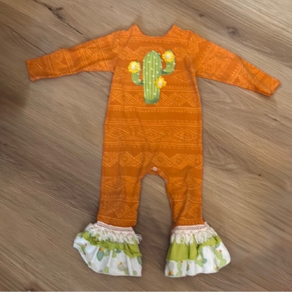 Ricrac & Ruffles Girls Orange Cactus Tribal Print Ruffle Bell Bottom Romper 24M